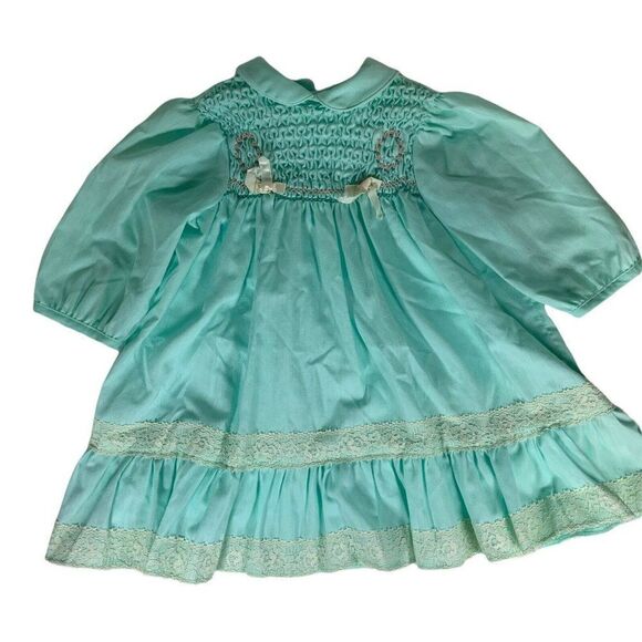 Vintage Polly Flinders Blue Dress 3T flower Hand Smocked Pink